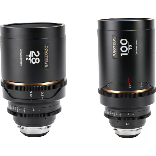 Proteus 2X Anamorphic 2-Lens Bundle Set C (28mm, 100mm) – Amber (Feet) – Arri PL/Canon EF