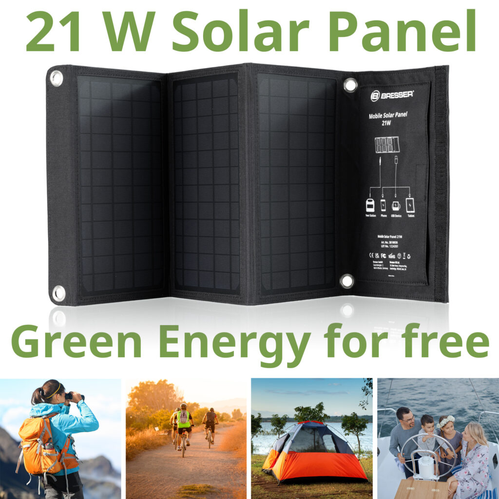 Cargador solar móvil BRESSER de 21 vatios con salida USB y DC